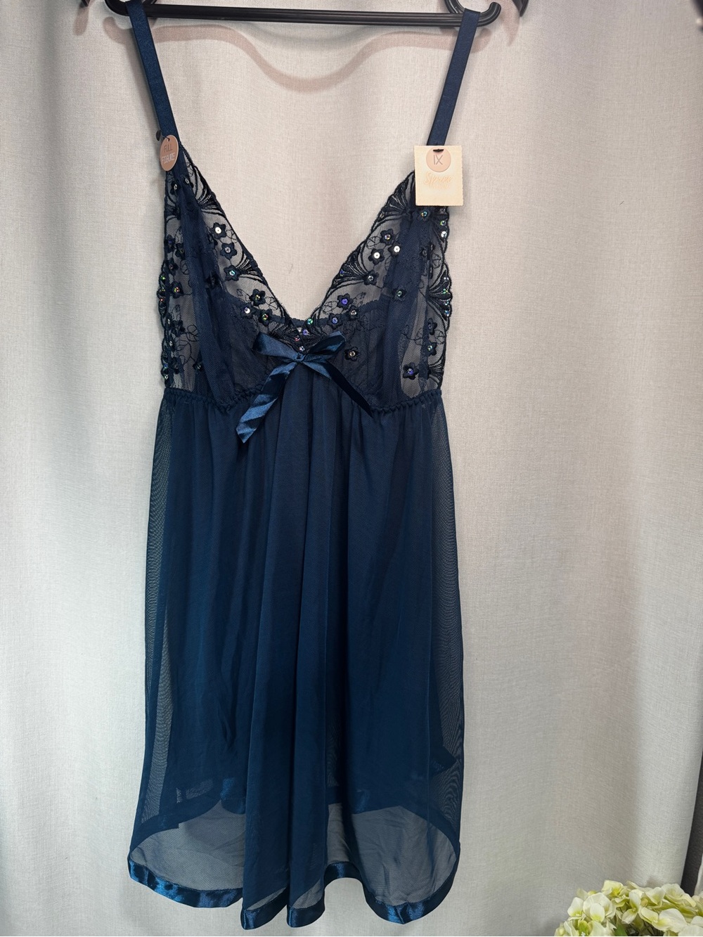 Spree Intimates Women's 1X MarineBlue Mesh Lace Babydoll Chemise V-Neck Lingerie